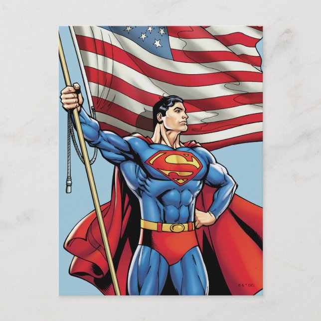 Carte Postale Superman tenant le drapeau américain (Devant)