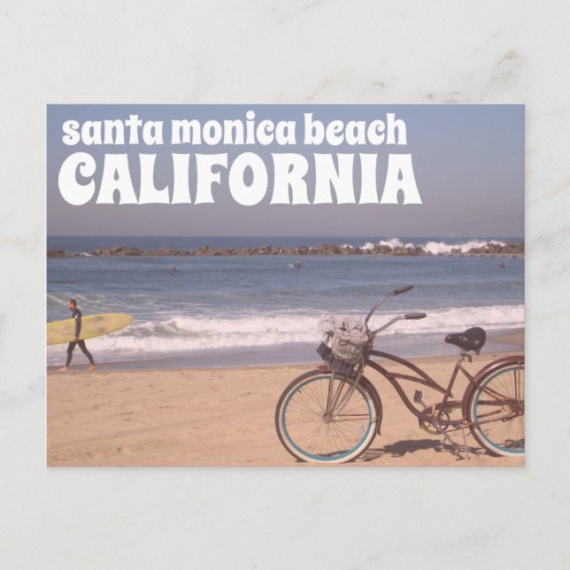 Carte Postale Surf Bicyclette Californie Père Noël Monica Beach (Devant)