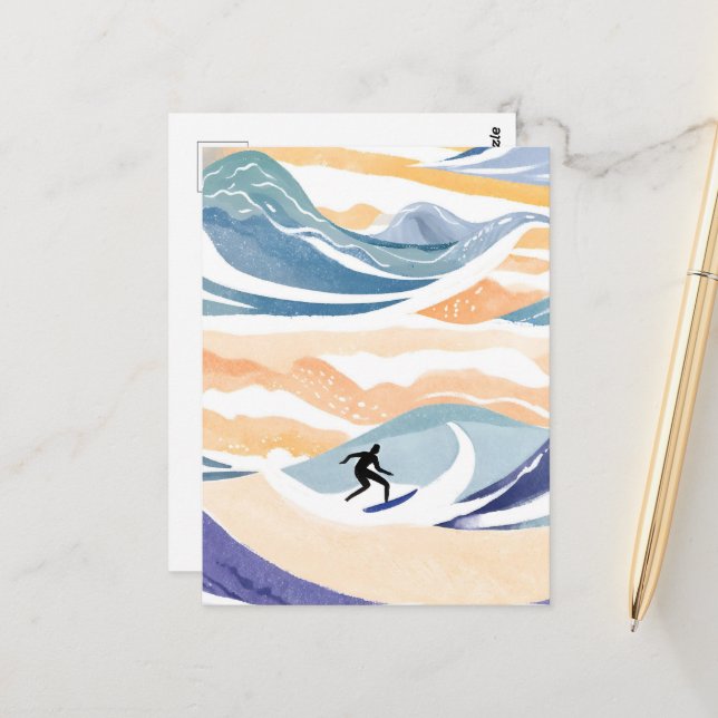 Carte Postale Surfer sur la vague | Aquarelle contemporaine (Devant/Arrière en situation)