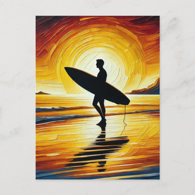 Carte Postale Surfeur sur la plage au coucher du soleil (Devant)