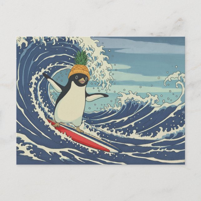 Carte Postale Surfing penguin, Ukiyo-e-style  (Devant)