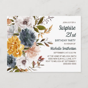 Carte Postale Surprise 21e Anniversaire Jaune Bleu Marine Floral