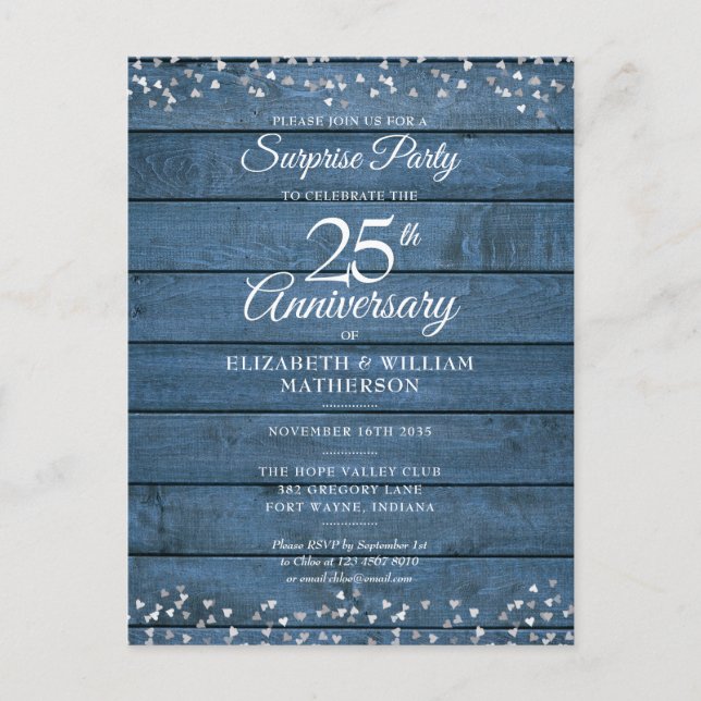 Carte Postale Surprise 25e anniversaire Blue Rustic Hearts (Devant)