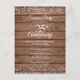 Carte Postale Surprise 25e Anniversaire Cœurs en Argent Rustique