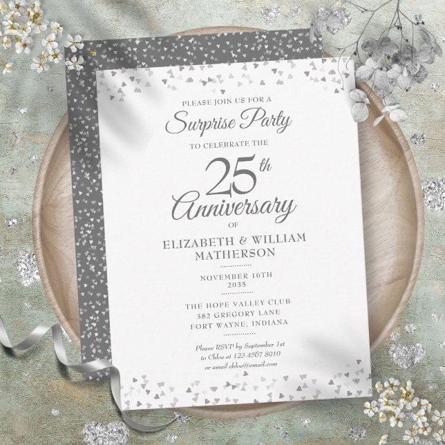 Carte Postale Surprise 25e Anniversaire de Mariage Cœurs Argenté (Surprise 25th Wedding Anniversary Silver Hearts Postcard)