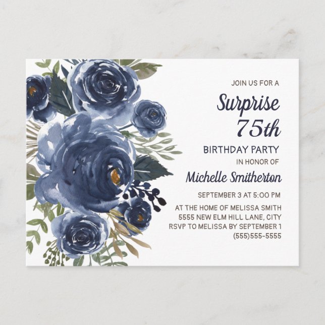 Carte Postale Surprise 75e anniversaire Marine bleu aquarelle fl (Devant)