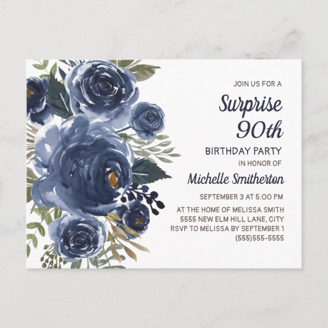Carte Postale Surprise 90 Anniversaire Marine Bleu Aquarelle Flo (Devant)