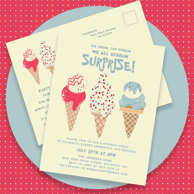 Carte Postale Surprise Party Glace Cream 18e anniversaire Invita (Créateur téléchargé)