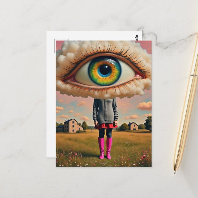 Carte Postale surreal art head in the clouds eyeball (Devant/Arrière en situation)