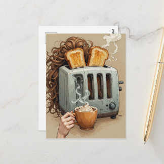 Carte Postale Surreal Breakfast Woman Toaster Head with Coffee