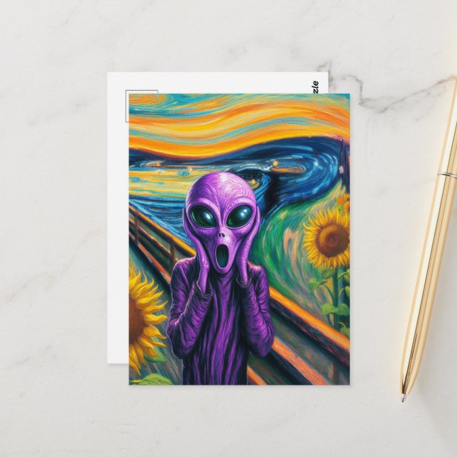 Carte Postale Surreal hurle violet Alien (Devant/Arrière en situation)