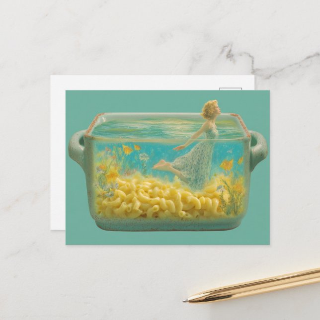 Carte Postale Surreal Nager dans un plat de casserole (Devant/Arrière en situation)