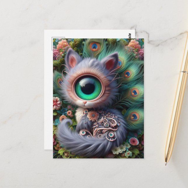 Carte Postale Surreal One Eyed Grey Kitty (Devant/Arrière en situation)