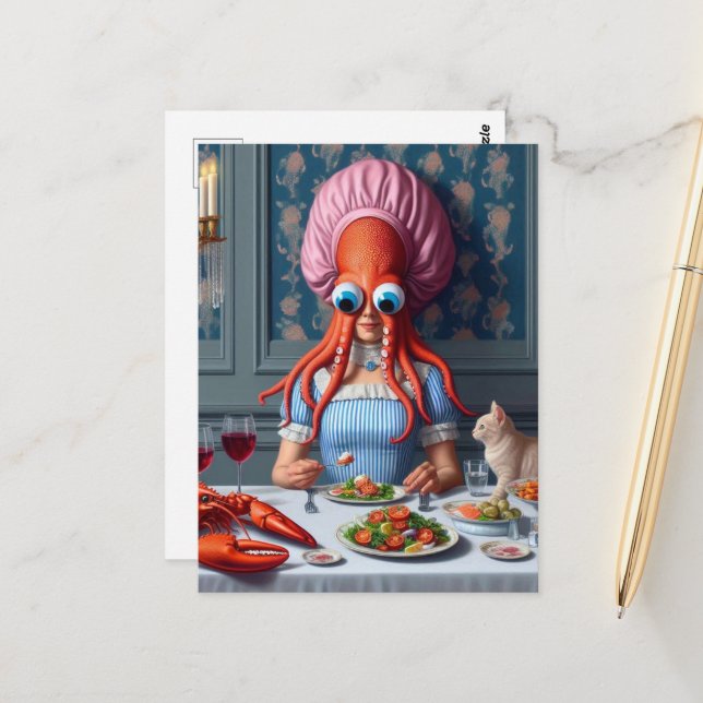 Carte Postale Surreal Seafood Repas Octopus Femme (Devant/Arrière en situation)