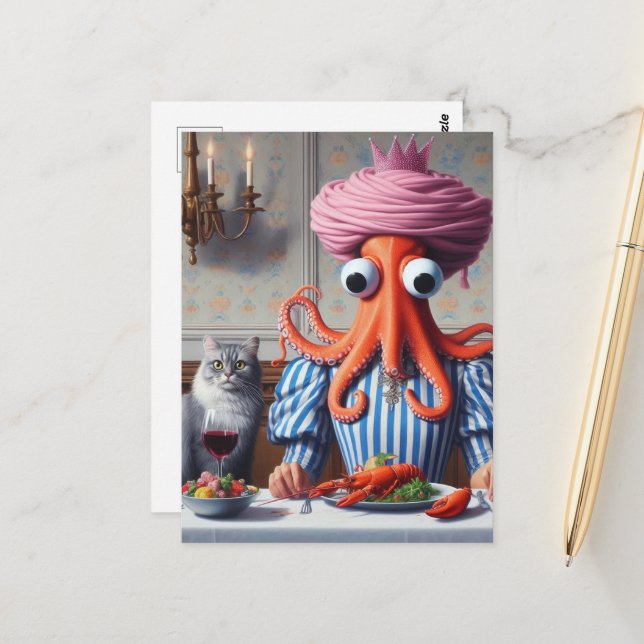 Carte Postale Surreal Seafood Repas Octopus Femme Couronne rose (Devant/Arrière en situation)