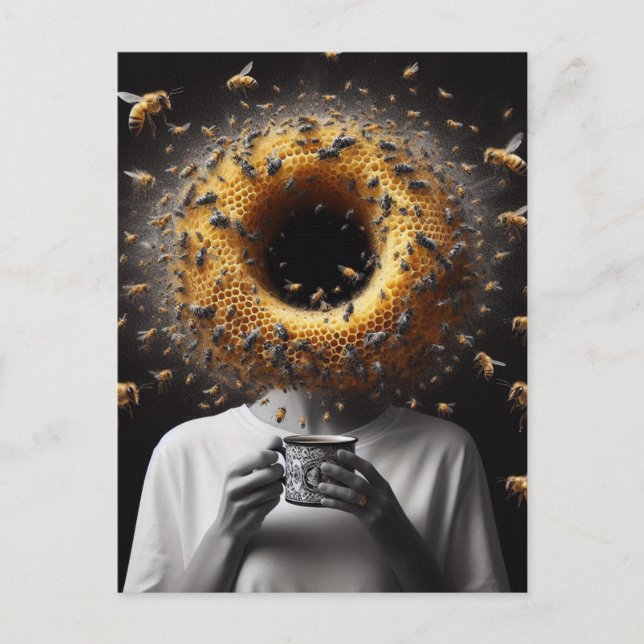 Carte Postale Surreal Tea Time Bees Honeycomb Black Hotte Head (Devant)