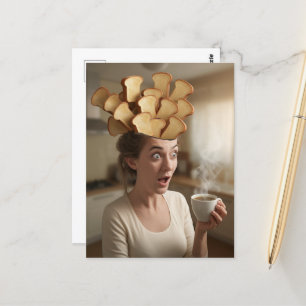Carte Postale Surreal Toast Head Breakfast Femme Avec Café