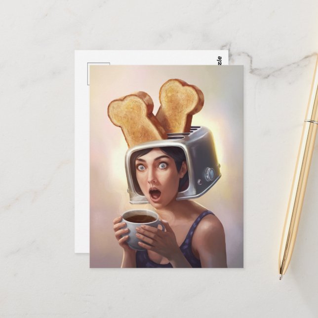 Carte Postale Surreal Toaster Head Breakfast Femme (Devant/Arrière en situation)