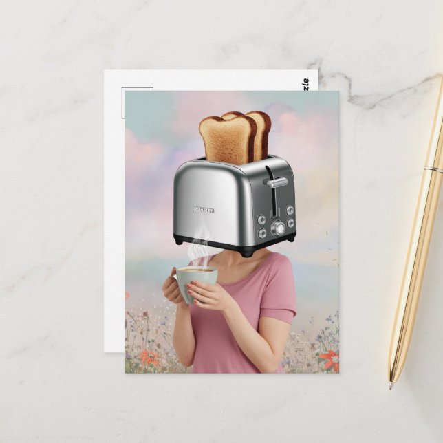 Carte Postale Surreal Toaster Head Breakfast Femme tenant du caf (Devant/Arrière en situation)