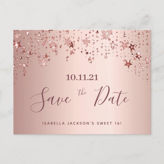 Carte Postale Sweet 16 16e fête rose gold étoiles save the date (Devant)