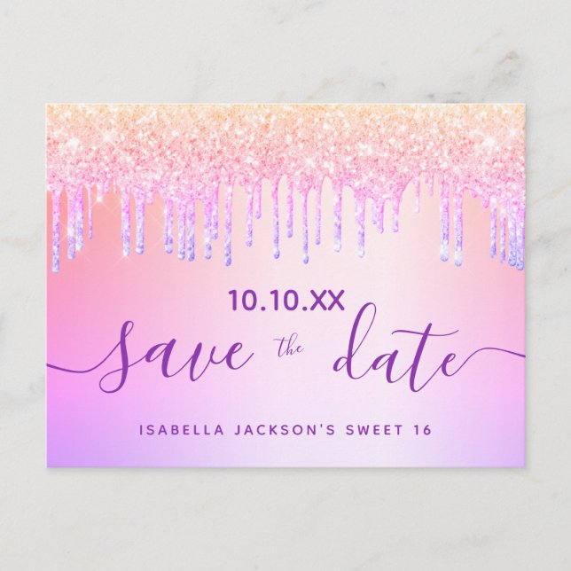 Carte Postale Sweet 16 arc-en-ciel parties scintillant rose viol (Devant)