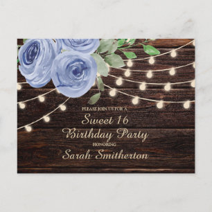 Carte Postale Sweet 16 Bois rustique Bleu Floral Lumières à cord