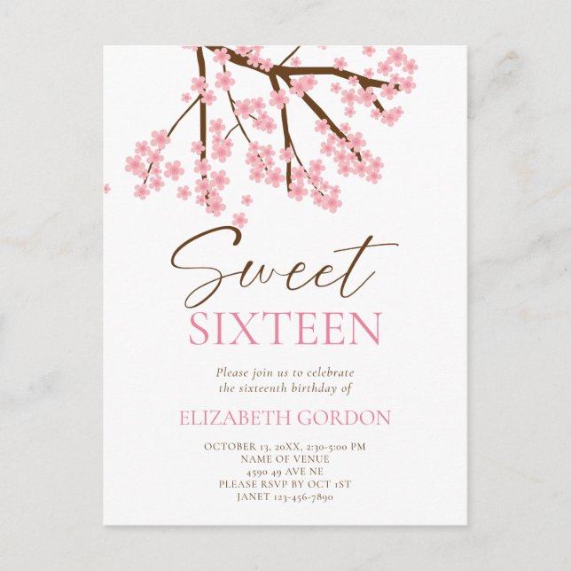Carte Postale Sweet 16 Fleurs de cerisiers Anniversaire Printemp (Devant)
