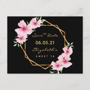 Carte Postale Sweet 16 flûtes noires or rose Enregistrer la date