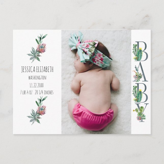 Carte Postale Sweet Cactus Neutral Baby Birth Photo Faire-part (Devant)