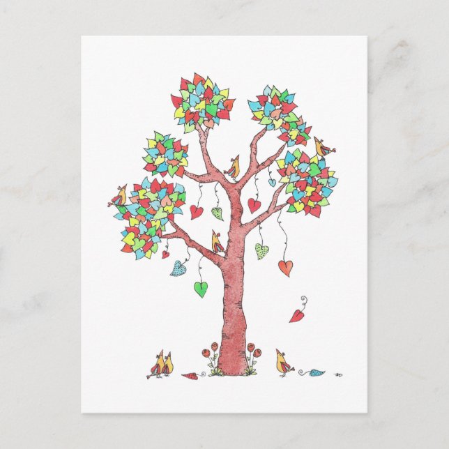 Carte Postale Sweet Colorful Coeur Feuilles et Birds Design (Devant)