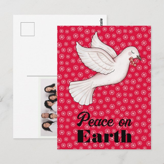 Carte Postale Sweet Dove & Berries Red Snowflakes Paix sur Terre (Devant / Derrière)