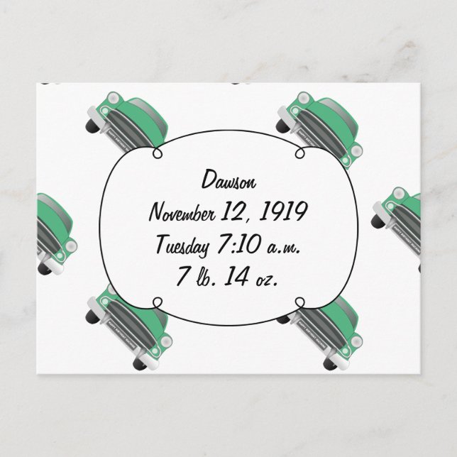 Carte Postale Sweet Green Retro Voiture Bébé Garçon Cadeaux (Devant)