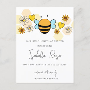 Carte Postale Sweet Honey mignonne Nouveau bébé Faire-part de na