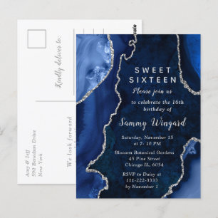 Carte Postale Sweet sixteen en marbre bleu marine et argenté