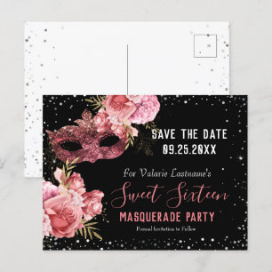 Carte Postale Sweet sixteen mascarade rose Enregistrer la date