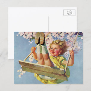 Carte Postale Swing vintage, Fille qui se balancent dans un arbr