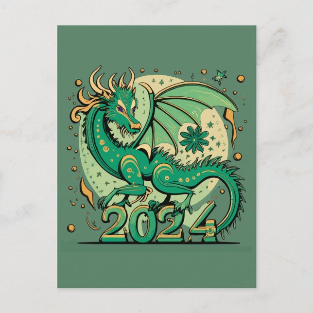 Carte Postale Symbole 2024 Nouvel An, Dragon de Bois Vert (Devant)