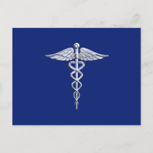 Carte Postale Symbole Médicale Chrome Argent sur bleu marine