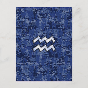 Carte Postale Symbole Zodiaque Aquarius sur camo numérique bleu 