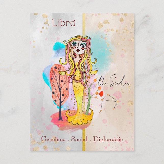 Carte Postale SYMBOLE Zodiaque Libra L'échelle Fille Jaune (Devant)