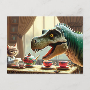 Carte Postale T-rex, chaton, fête du thé