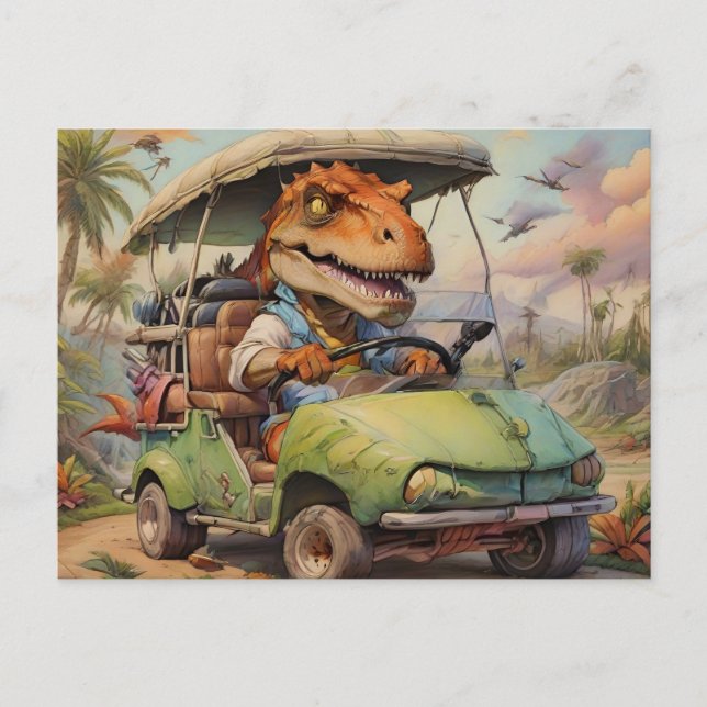 Carte Postale T-Rex conduisant voiturette de golf verte (Devant)