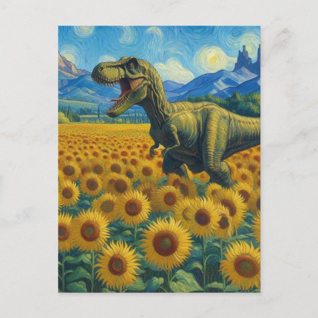 Carte Postale T-Rex dans le champ de tournesol Van Gogh Style (Devant)