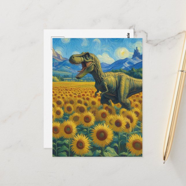 Carte Postale T-Rex dans un champ de tournesol (Devant/Arrière en situation)