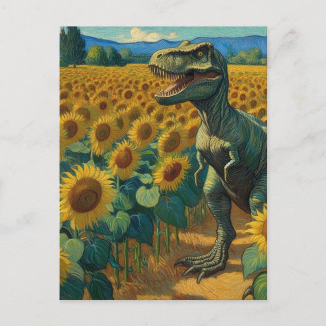 Carte Postale T-Rex Dino dans le champ de tournesol Van Gogh (Devant)