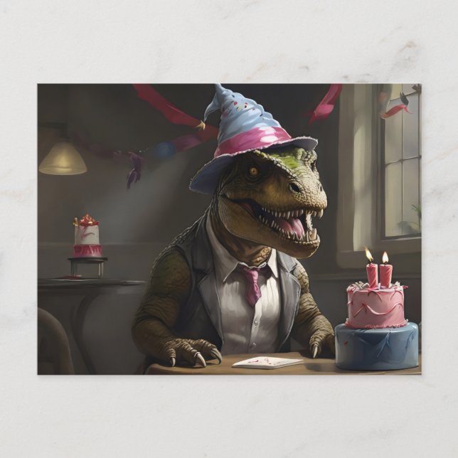 Carte Postale T-rex en casquette d'anniversaire (Devant)