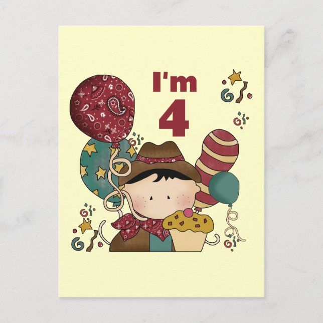 Carte Postale T-shirts et cadeaux Cowboy 4e anniversaire (Devant)