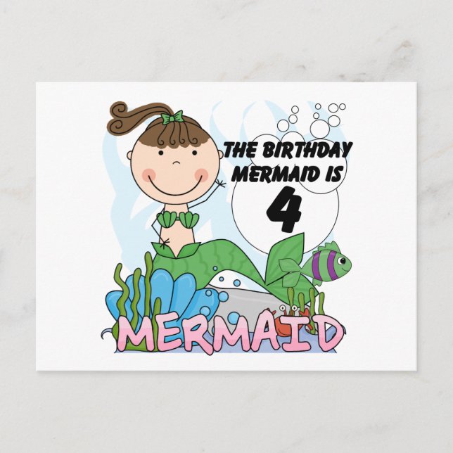 Carte Postale T-shirts et cadeaux Mermaid 4th Birthday (Devant)