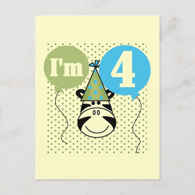 Carte Postale T-shirts et cadeaux Zebra 4e anniversaire (Devant)