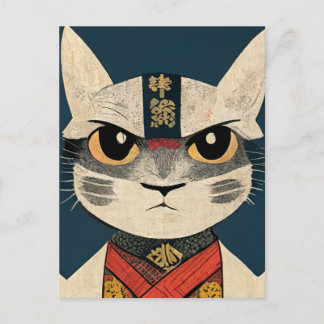 Carte Postale Tabby Chat comme Nobunaga Oga Mur en bois japonais